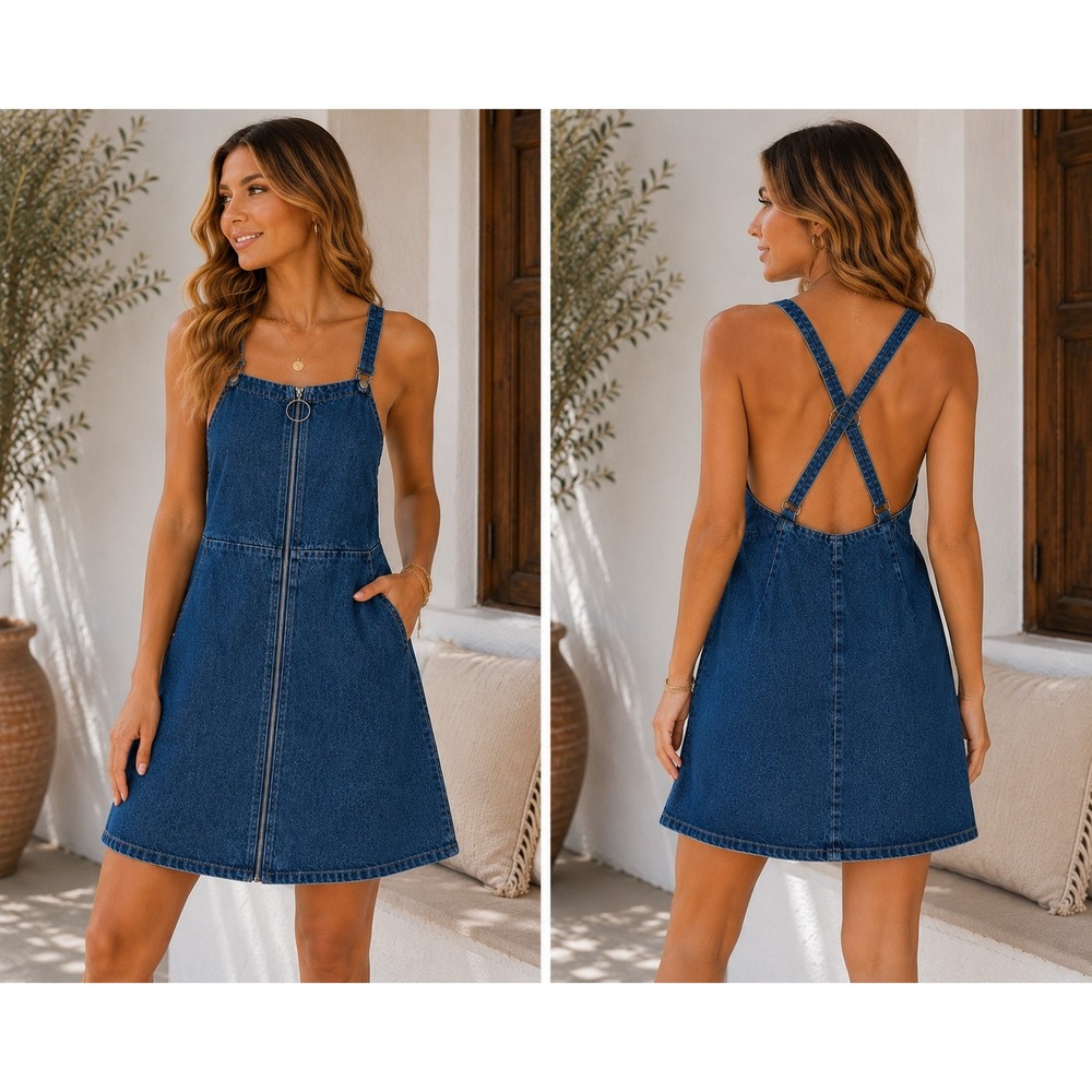Lily Rain Denim Pinafore Dress Medium Wash Zip Front Overall Mini 71D3765E M